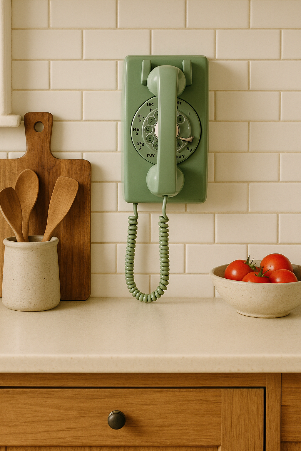 A sage green wall phone hanging in a farmhouse kitchen