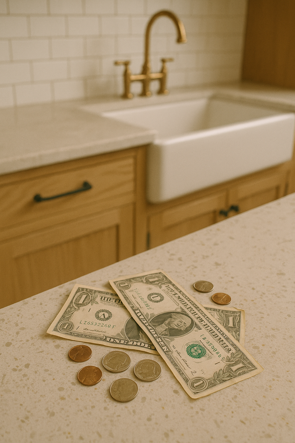 dollars and cents on a kitchen counter top